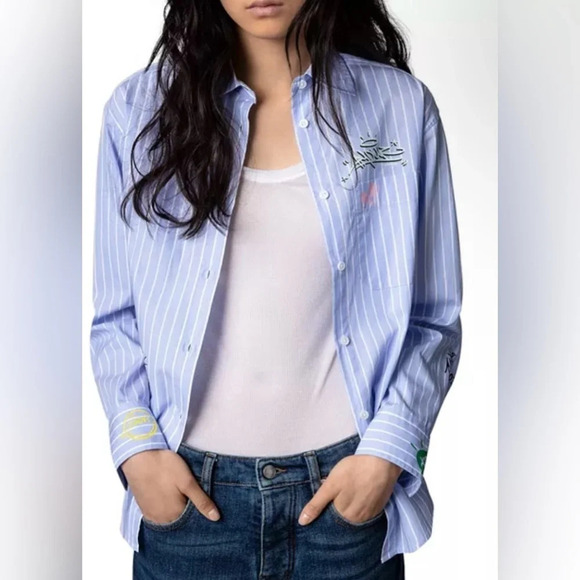 Zadig & Voltaire Tais Raye Tag Stripe Cotton Graphic Shirt - Picture 5 of 13